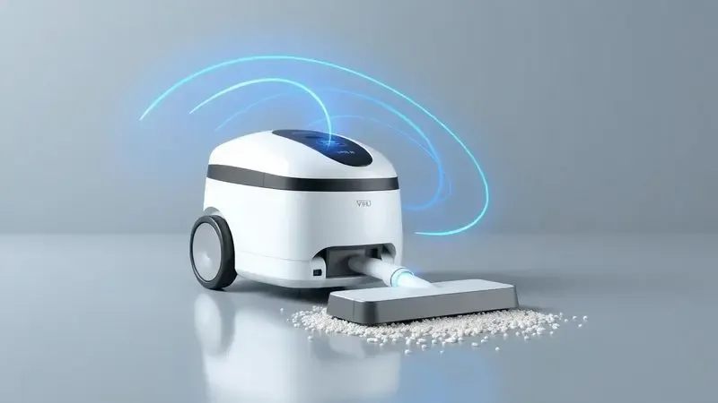 Ilustração 3D conceitual de um aspirador robô demonstrando poder de sucção com linhas de fluxo de ar em um piso limpo.