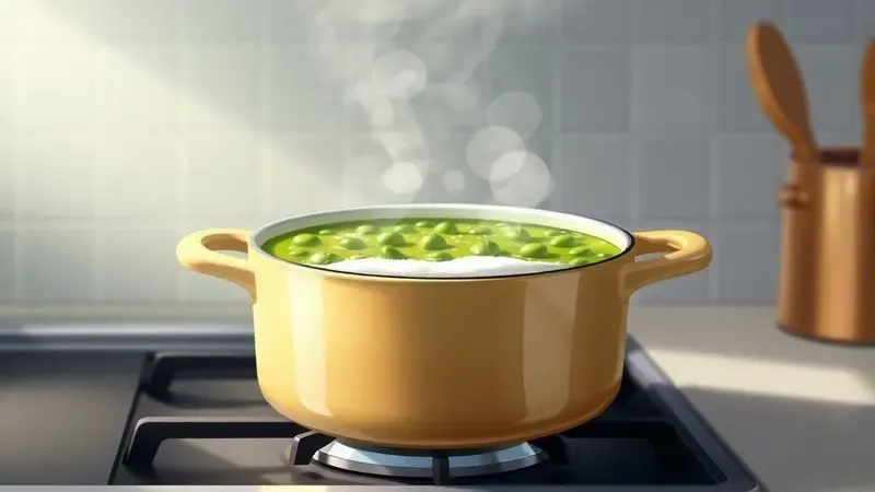 Ilustração digital de uma panela fervendo com sopa de ervilha e formação de espuma branca na superfície.