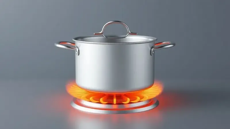 Ilustração 3D de uma panela recebendo calor intenso no fundo sobre uma boca de fogão, representando o processo de queima.
