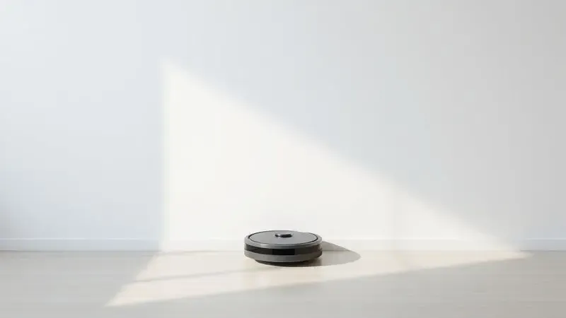 Ilustração 3D mostrando o posicionamento correto da base de carregamento de um aspirador robô com espaço livre lateral.