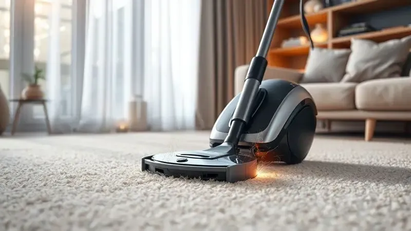 Robô aspirador removendo pelos de animal de estimação em um tapete texturizado em uma sala moderna.