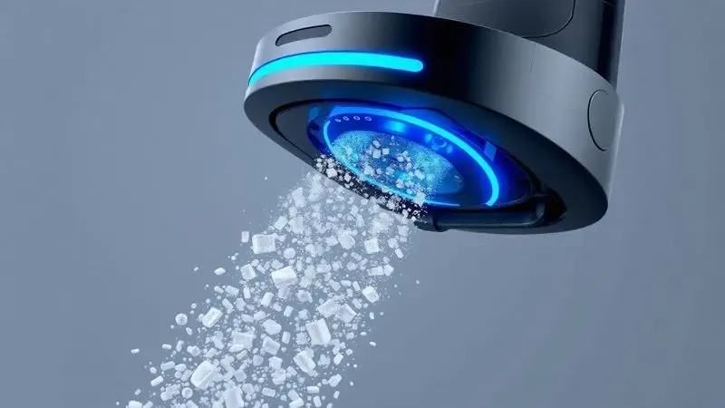 Representação artística da potência de sucção e filtragem de um robô aspirador moderno.