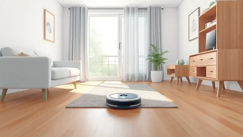 Sala de estar organizada com móveis elevados e sem fios no chão, preparada para a passagem do robô aspirador.