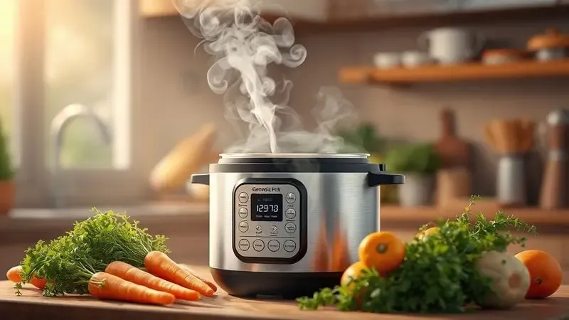 Representação artística de uma panela de pressão elétrica em funcionamento com vapor suave e ingredientes frescos ao redor.