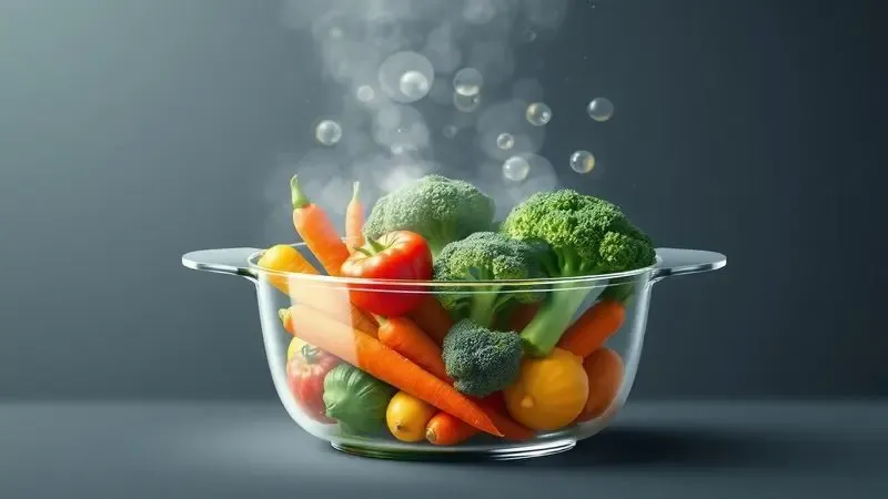 Ilustração digital de legumes vibrantes dentro de uma panela com brilhos sutis representando a preservação de vitaminas.