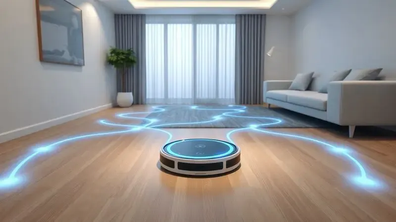 Ilustração 3D mostrando a tecnologia de navegação inteligente de um robô aspirador em uma sala moderna e limpa.