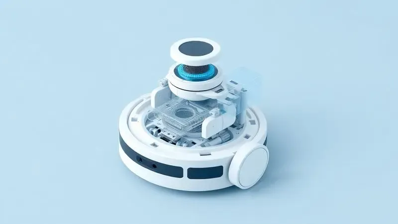 Ilustração 3D conceitual mostrando os componentes internos e sensores de um robô aspirador genérico.
