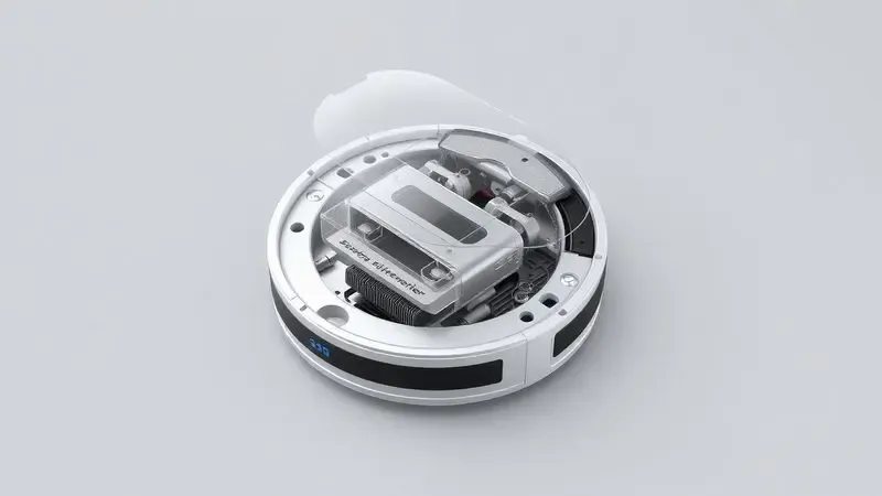 Ilustração técnica de um robô aspirador mostrando componentes internos e escovas para análise de qualidade.