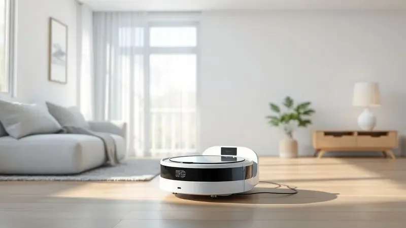 Ilustração digital de uma base de carregamento de robô aspirador em um ambiente doméstico minimalista.