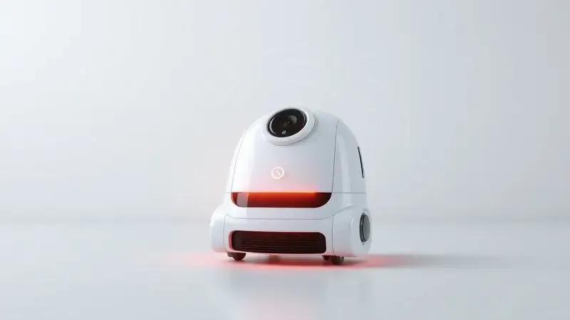 Renderização 3D de um robô aspirador emitindo um sinal de alerta suave, representando busca por conexão ou erro de carga.