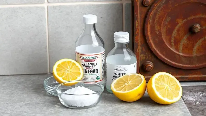 Elementos naturais de limpeza como sal, limão e vinagre dispostos para remover ferrugem de superfícies metálicas.