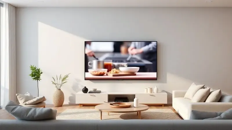 Sala de estar contemporânea com TV exibindo um programa de culinária de forma abstrata e elegante.