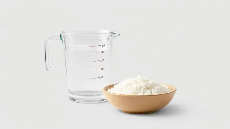 Ilustração 3D minimalista de um copo medidor com água e uma tigela de arroz cru, simbolizando a medida perfeita.