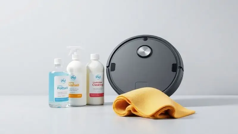 Representação artística de frascos genéricos de produtos de limpeza ao lado de um robô aspirador em ambiente moderno.