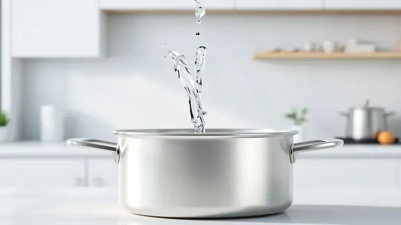 Representação visual de água sendo despejada em uma panela com marcações internas de nível para cozimento preciso.