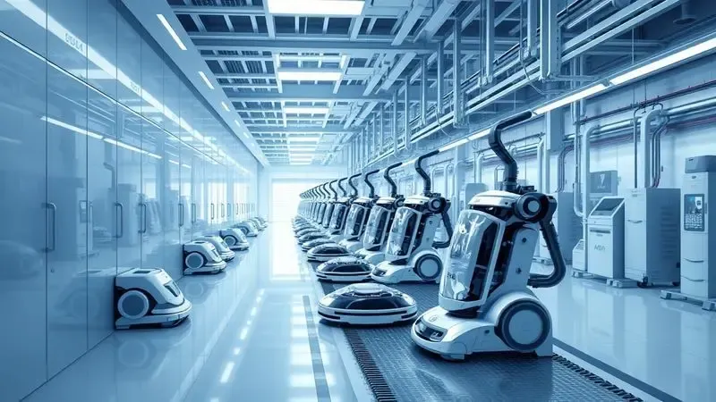 Ilustração digital de uma linha de montagem tecnológica de robôs aspiradores conceituais em ambiente de laboratório.