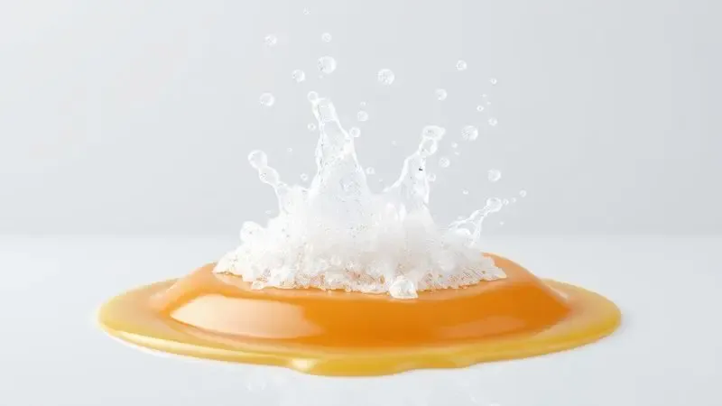 Renderização 3D de uma reação química efervescente com espuma branca agindo sobre uma mancha de caramelo endurecido.