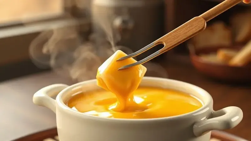Renderização artística de queijo derretido cremoso em uma panela de cerâmica com um pedaço de pão sendo mergulhado.