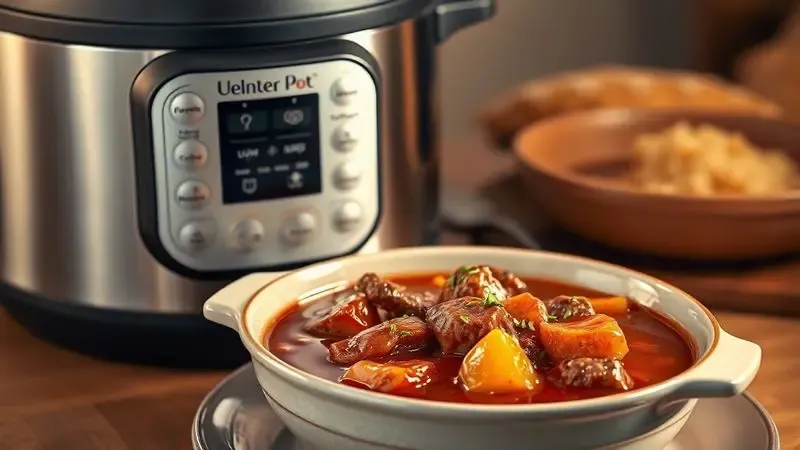 Prato de carne cozida suculenta servido ao lado de uma panela de pressão elétrica genérica.
