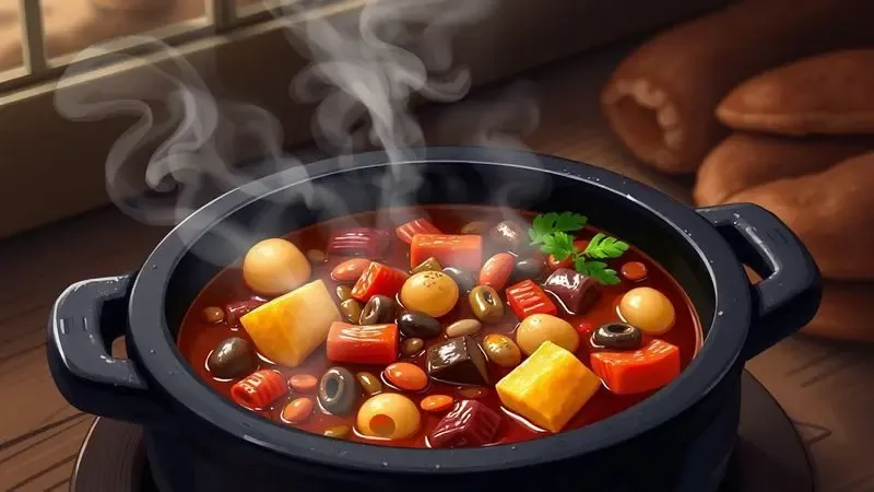 Feijoada fumegante servida em uma panela de pedra sabão tradicional em ambiente aconchegante.