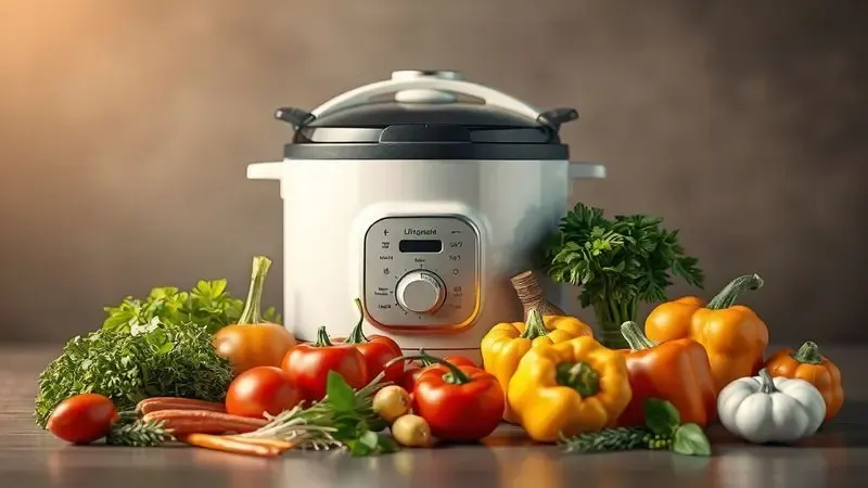 Composição artística de legumes frescos e ingredientes variados sugerindo a versatilidade da panela elétrica.
