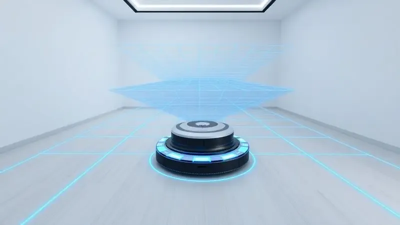 Renderização 3D de um robô aspirador mapeando uma sala moderna com linhas de laser azul neon.