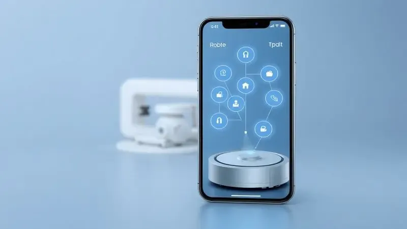 Conceito visual de um smartphone controlando um robô aspirador através de uma interface de aplicativo inteligente.