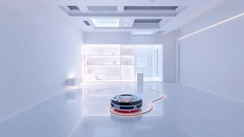 Ilustração digital de um mapa residencial com paredes virtuais e rotas de limpeza para robô inteligente.