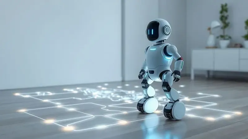 Representação artística de um sistema de mapeamento digital com ondas de luz saindo de um robô aspirador inteligente.