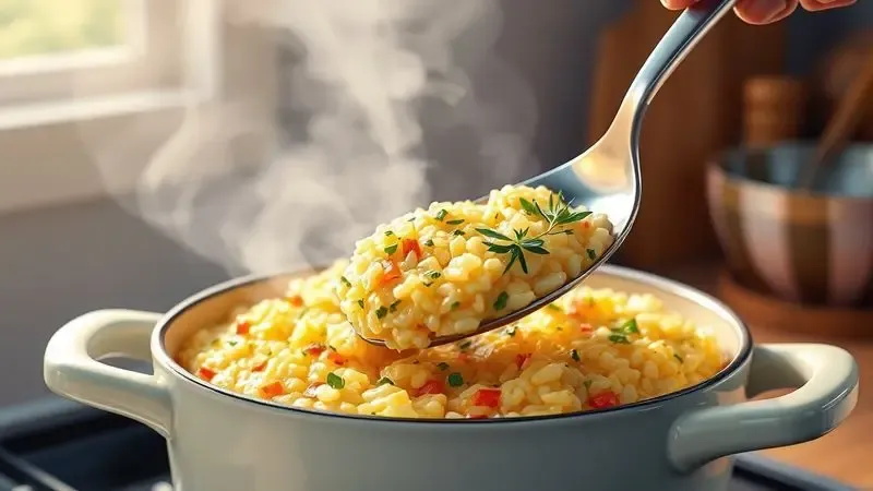 Ilustração digital realista de um risoto cremoso com ervas frescas sendo servido em uma mesa de cozinha moderna.
