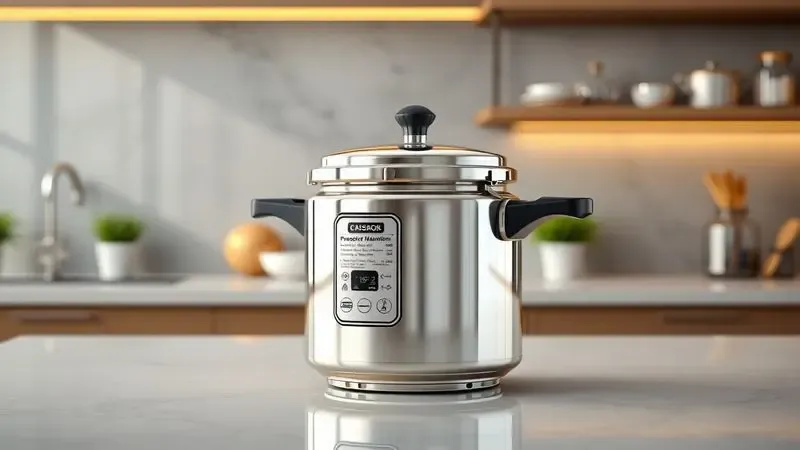 Ilustração 3D de uma panela de pressão em perfeito estado simbolizando cuidado e manutenção preventiva na cozinha.