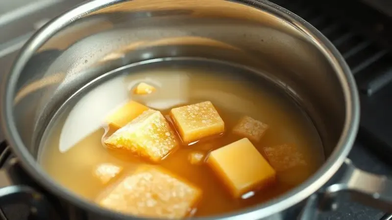 Ilustração de açúcar duro e caramelo dissolvendo no fundo de uma panela com água quente.