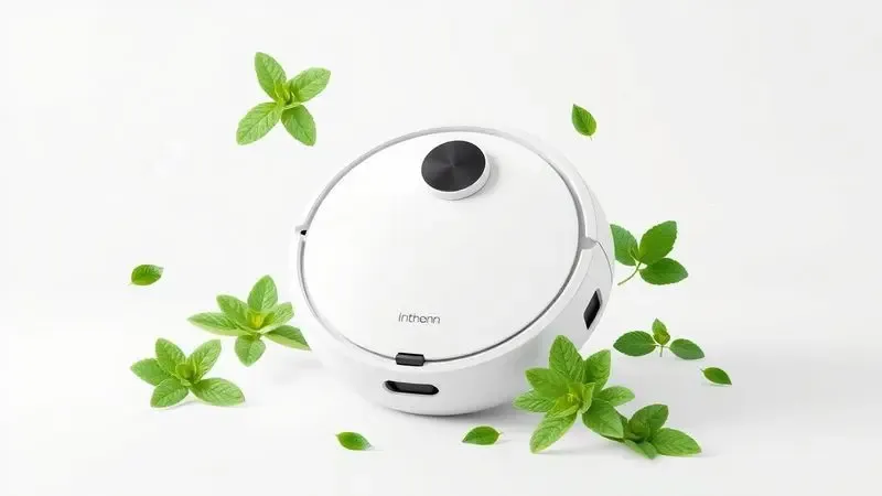 Composição minimalista 3D de um robô aspirador limpo cercado por folhas de menta e frescor, simbolizando limpeza.