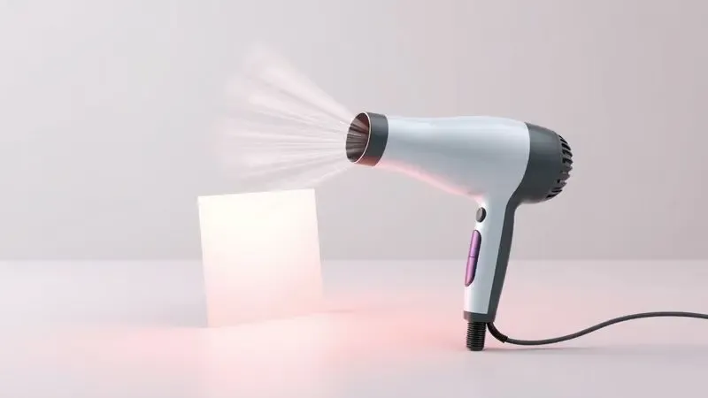 Ilustração de um secador de cabelo genérico sendo usado para aquecer e amolecer a cola de um adesivo.