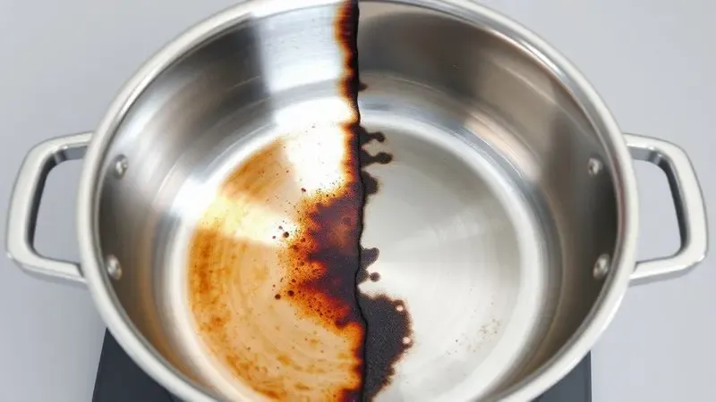 Comparação visual entre o fundo de uma panela com manchas de queimado e o resultado brilhante após a limpeza profunda.