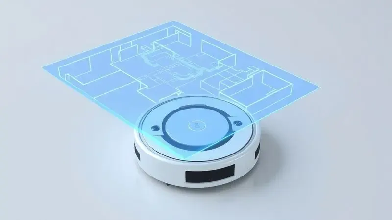 Renderização 3D de um mapa digital holográfico sendo projetado acima de um robô aspirador minimalista.