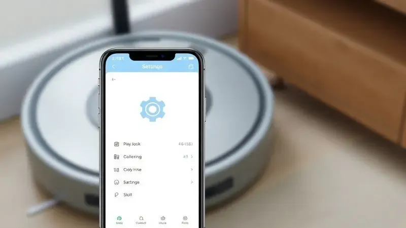 Ilustração de um smartphone exibindo uma interface genérica de aplicativo para configuração de robô aspirador.