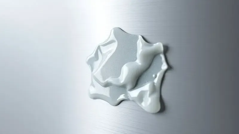 Ilustração digital detalhada mostrando a textura pegajosa de resíduos de cola de etiqueta em uma superfície metálica.