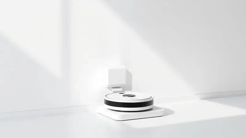 Renderização digital de um robô aspirador retornando sozinho para sua base de carregamento em um ambiente doméstico minimalista.