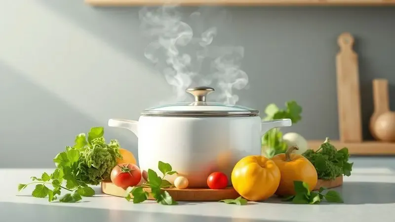 Ilustração conceitual de culinária saudável destacando uma panela de cerâmica cercada por vegetais frescos e vapor leve.