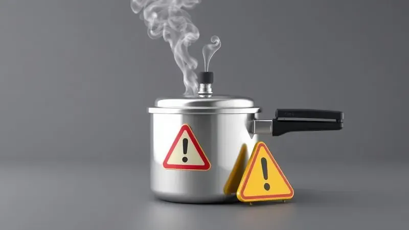 Representação artística conceitual sobre os perigos do escape de vapor em uma panela com vedação danificada.
