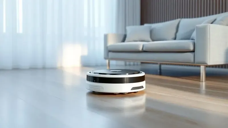 Robô aspirador inteligente circulando próximo a móveis em uma sala moderna e organizada.
