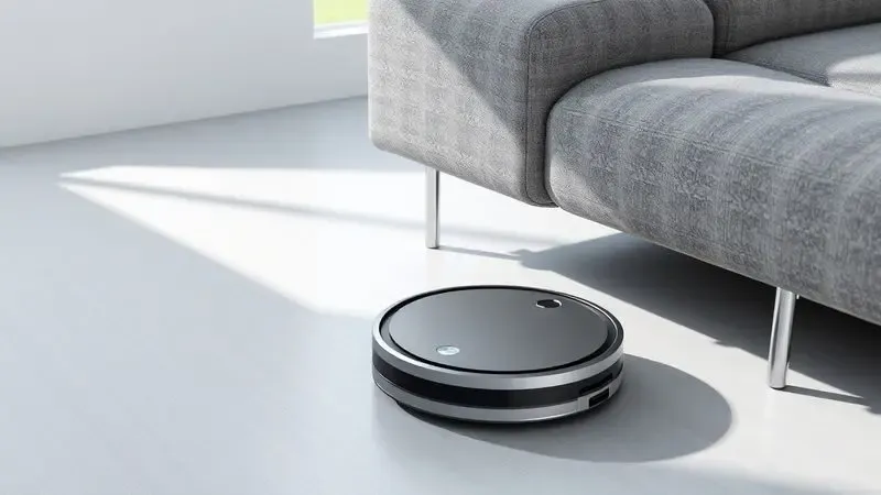 Renderização 3D de robô aspirador de perfil baixo passando facilmente por baixo de um sofá moderno em uma sala minimalista.