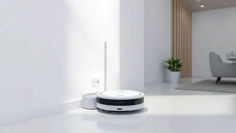 Base autolimpante de robô aspirador em um canto moderno e organizado da casa com estética minimalista.