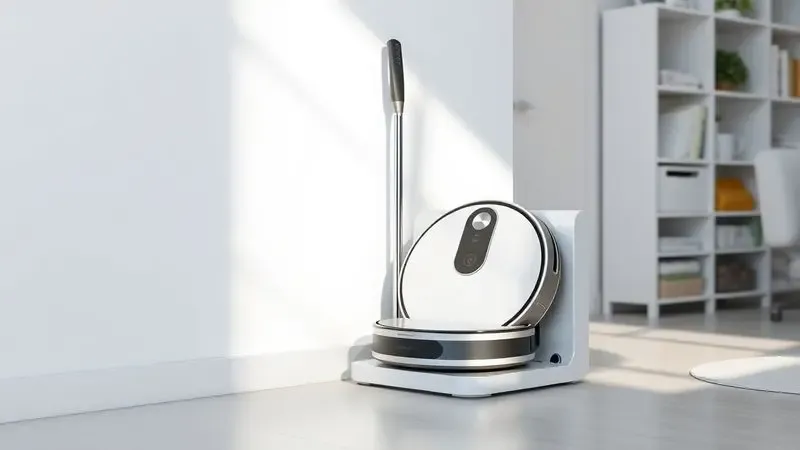 Robô aspirador de pó encaixado em sua base de carregamento minimalista em um ambiente doméstico organizado.