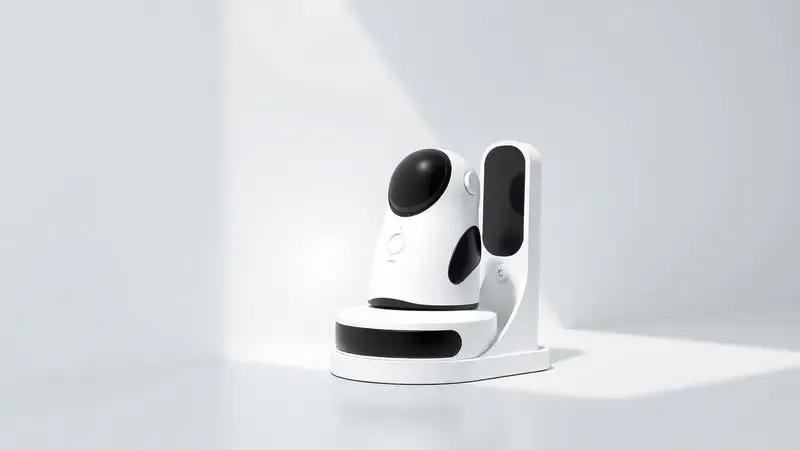 Renderização 3D de um robô aspirador minimalista se aproximando de uma base de carregamento discreta em uma parede branca.