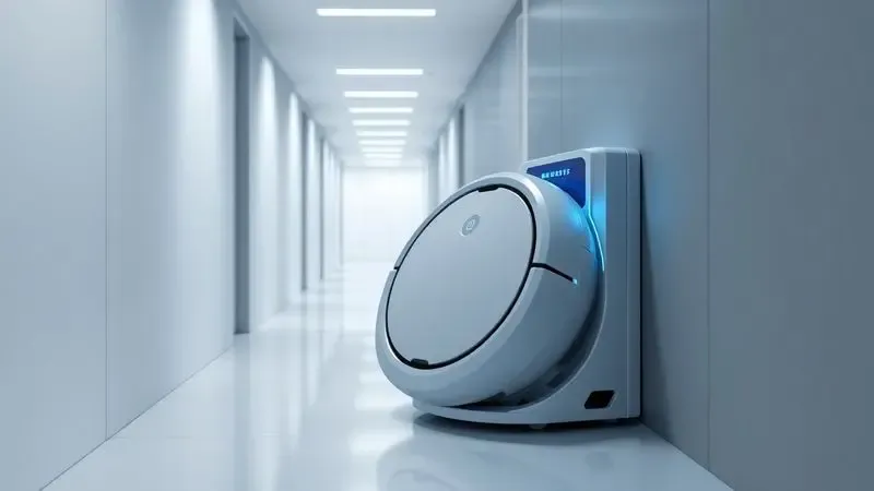 Renderização conceitual de um robô aspirador encaixado em sua base de carregamento em um corredor minimalista.