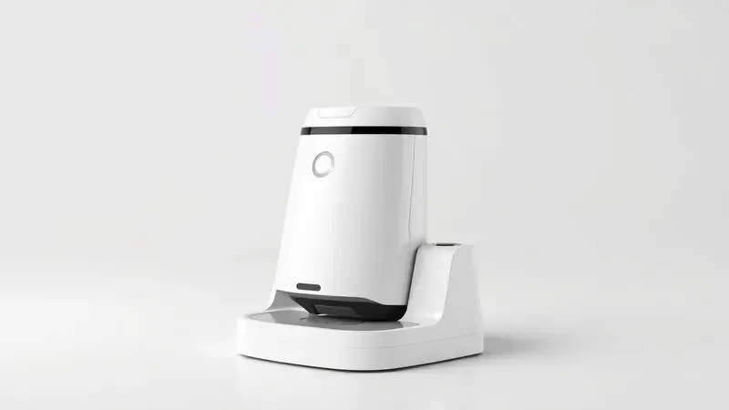 Renderização 3D de um robô aspirador em sua base de autoesvaziamento automática em um ambiente clean.