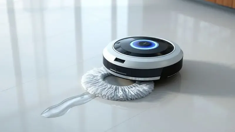 Ilustração 3D de um robô aspirador com função de passar pano em piso brilhante.