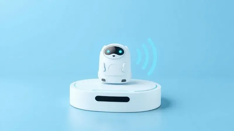 Conceito visual de integração tecnológica entre um robô aspirador e ondas de comando de voz de assistente virtual.